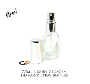 Single GEO 7.5ml Atomizer Bottle Gem Diamond Shape Clear LUXURY Glass SiLVER, BlaCK or GoLD Caps Perfume Essential Oil, 1/4 Oz Fine Mist