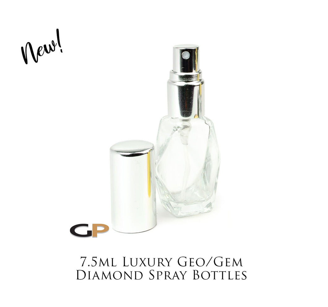 6 GEO 7.5ml Atomizer Bottles Gem Diamond Shape Clear LUXURY Glass SiLVER, BLACK or GOLD Caps -1/4 Oz Essential Oil, 7.5 ml