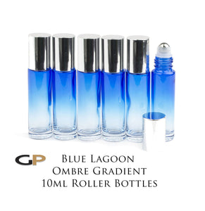 6 pcs OMBRE BLUE LAGOoN 10ml Glass Roll On Bottles Glass, Steel Rollers SHiNY SiLVER Aluminum Caps Luxury Private Label Essential Oil Blends