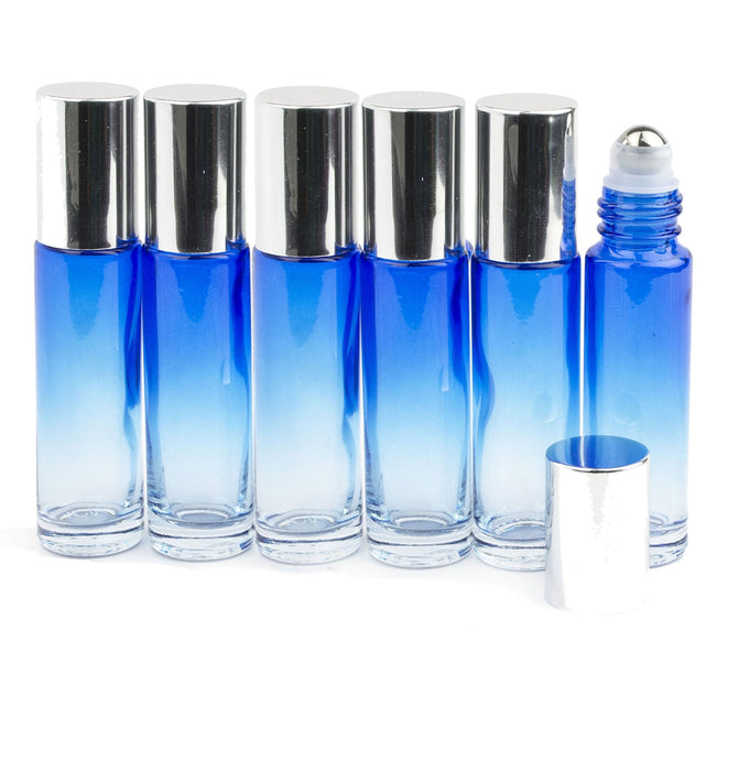 6 pcs OMBRE BLUE LAGOoN 10ml Glass Roll On Bottles Glass, Steel Rollers SHiNY SiLVER Aluminum Caps Luxury Private Label Essential Oil Blends