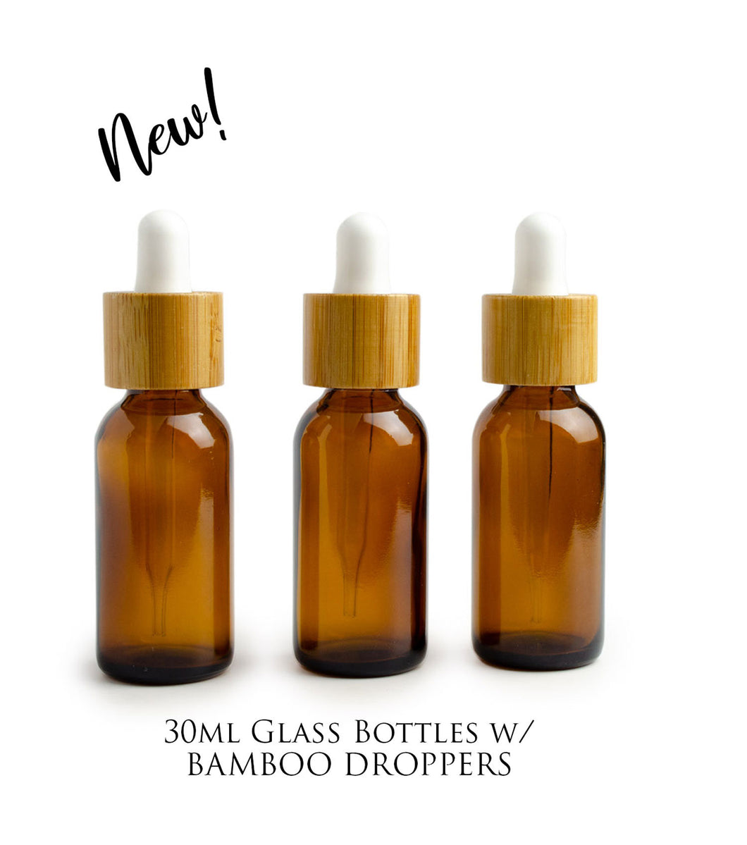 Single AMBER 30ml Essential Oil Glass BAMBOO Dropper Bottles 1Oz Boston Round w/Glass Pipettes White or Black Bulbs