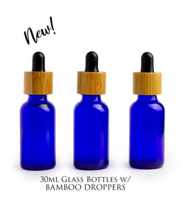 12 Dropper Bottles BLACK MATTE Glass 30ml with BAMBOO Caps 1 Oz Boston Round White or Black Bulbs