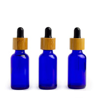 Load image into Gallery viewer, 6 COBALT BLUE 30ml Essential Oil Glass BAMBoO Dropper Bottles 1 Oz Boston Round Shape Glass Pipette White or Black Bulbs