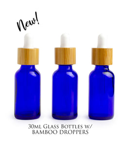 Single AMBER 30ml Essential Oil Glass BAMBOO Dropper Bottles 1Oz Boston Round w/Glass Pipettes White or Black Bulbs