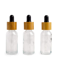 Load image into Gallery viewer, Single CLEAR 30ml Glass BAMBOO Dropper Bottles 1 Oz Boston Round Shape Glass Pipette White or Black Bulbs