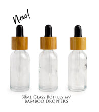 Load image into Gallery viewer, 3 Dropper Bottles 1 Oz MATTE BLACK Glass w/ BAMBoO Droppers 30ml Boston Round Shape White or Black Bulbs Essential Oil,  Serum Tincture,