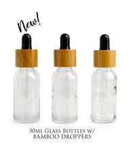 Load image into Gallery viewer, 6 Dropper Bottles 30ml SHINY WHITE Glass BAMBOO Cap Essential Oil 1 Oz Boston Round w/Glass Pipette White/Black Bulbs