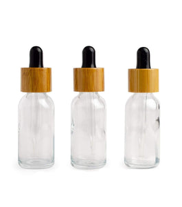 Single AMBER 30ml Essential Oil Glass BAMBOO Dropper Bottles 1Oz Boston Round w/Glass Pipettes White or Black Bulbs