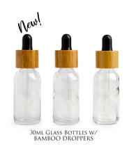 Load image into Gallery viewer, 3 Dark AMBER 30ml BAMBOO Dropper Bottles 1 Oz Boston Round Shape Glass Pipette White or Black Bulbs