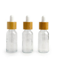 Load image into Gallery viewer, Single AMBER 30ml Essential Oil Glass BAMBOO Dropper Bottles 1Oz Boston Round w/Glass Pipettes White or Black Bulbs