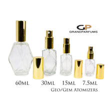 Load image into Gallery viewer, 3 PREMIUM Essential Oil Spray Bottles, 1 Oz or 2 Oz Perfume Atomizer Empty Glass Fine Mist Bottle GEO/GEM with Shiny Gold Cap 30ml or 60ml