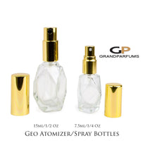 Load image into Gallery viewer, Essential Oil Spray Bottles, .5 Oz or .25 Oz Perfume Atomizer Empty Glass Fine Mist Bottle GEO/GEM with Shiny Gold Cap 15ml or 7.5ml