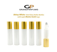 Load image into Gallery viewer, 12 Shiny WHITE 10ml Roller Bottles, with Light MATTE Gold Caps, Matte Silver or 22Kt Gold Caps,  Glass or Stainless Steel Rollerballs