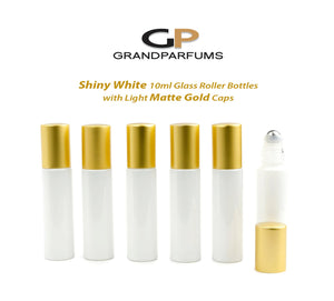 12 Shiny WHITE 10ml Roller Bottles, with Light MATTE Gold Caps, Matte Silver or 22Kt Gold Caps,  Glass or Stainless Steel Rollerballs