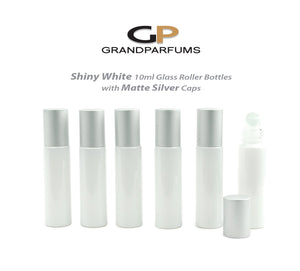 12 Shiny WHITE 10ml Roller Bottles, with Light MATTE Gold Caps, Matte Silver or 22Kt Gold Caps,  Glass or Stainless Steel Rollerballs