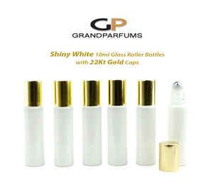 12 Shiny WHITE 10ml Roller Bottles, with Light MATTE Gold Caps, Matte Silver or 22Kt Gold Caps,  Glass or Stainless Steel Rollerballs