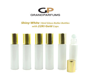 12 Shiny WHITE 10ml Roller Bottles, with Light MATTE Gold Caps, Matte Silver or 22Kt Gold Caps,  Glass or Stainless Steel Rollerballs