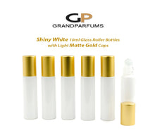 Load image into Gallery viewer, 12 Shiny WHITE 10ml Roller Bottles, with Light MATTE Gold Caps, Matte Silver or 22Kt Gold Caps,  Glass or Stainless Steel Rollerballs