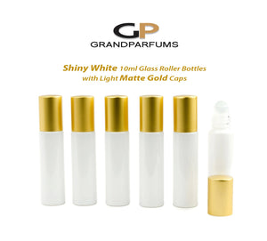 12 Shiny WHITE 10ml Roller Bottles, with Light MATTE Gold Caps, Matte Silver or 22Kt Gold Caps,  Glass or Stainless Steel Rollerballs