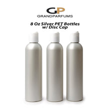 Load image into Gallery viewer, 6 SILVER 8 Oz Soap/Shampoo/Conditioner 240ml MODERN PET Cosmo Bullet Plastic Bottles w/ White, Black, Gold or Silver Disc Cap Dispenser