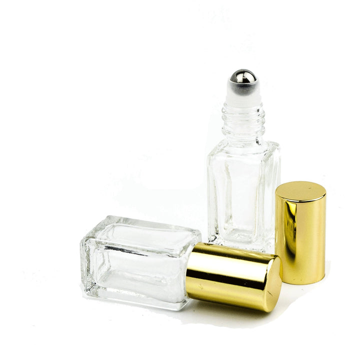 1 Essential Oil Roller PREMIUM SQUARE 3.7ml Clear Glass Roll-on, Gold Cap Perfume Bottle Stainless STEEL Ball, 1/8 Oz