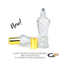 Load image into Gallery viewer, Vintage Roller Bottle 15ml Essential Oil Roller | PREMIUM Glass FLORAL PATTERN Perfume Roll on | Silver Cap, Steel Rollerball | Single Unit