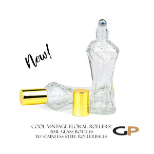 Vintage Roller Bottle 15ml Essential Oil Roller | PREMIUM Glass FLORAL PATTERN Perfume Roll on | Silver Cap, Steel Rollerball | Single Unit