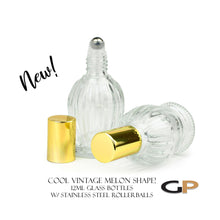 Load image into Gallery viewer, New! 3 Pcs Premium 12ml ESSENTIAL OIL Glass Roller BOTTLES ViNTAGE Style Perfume Rollons Melon Shape | Gold Caps w/ Steel Rollerball