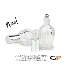 Load image into Gallery viewer, New! 3 Pcs Premium 12ml ESSENTIAL OIL Glass Roller BOTTLES ViNTAGE Style Perfume Rollons Melon Shape | Gold Caps w/ Steel Rollerball