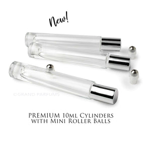 PREMIUM 10ml Essential Oil Roller | CYLINDRICAL Slim Glass Perfume Roll-on Bottle Stainless Steel Roller LUXURY Gold/Silver Cap |SINGLE Unit