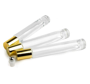 100 Pcs PREMIUM 10ml Essential Oil Roller | CYLiNDER Slim Glass Perfume Roll-on Bottle Stainless Steel Roller LUXURY Gold/Silver Cap | Bulk
