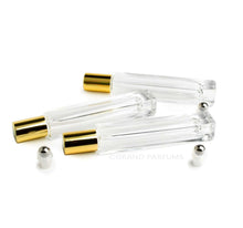Load image into Gallery viewer, 10 LUXURY SQUARE Slim 10ml Clear Glass Roll-on, Gold Caps Roller Perfume Bottles Stainless STEEL Ball Fitment, 1/3 Oz Essential Oil,  10 ml