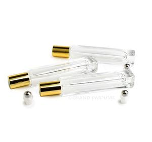 10 LUXURY SQUARE Slim 10ml Clear Glass Roll-on, Gold Caps Roller Perfume Bottles Stainless STEEL Ball Fitment, 1/3 Oz Essential Oil,  10 ml