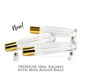 5 PREMIUM SQUARE Roller Bottles 10ml Essential Oil, Gold Caps Stainless STEEL Balls, 1/3 Oz