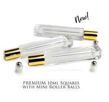 Load image into Gallery viewer, 5 PREMIUM SQUARE Roller Bottles 10ml Essential Oil, Gold Caps Stainless STEEL Balls, 1/3 Oz