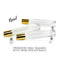 Load image into Gallery viewer, 3 SQUARE 10 ml Clear Glass Essential Oil Slim High End Roll-on, Gold Caps Roller PERFUME BOTTLES Stainless Steel Balls, 1/3 Oz ,  10 ml