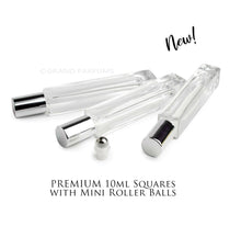 Load image into Gallery viewer, 3 SQUARE 10 ml Clear Glass Essential Oil Slim High End Roll-on, Gold Caps Roller PERFUME BOTTLES Stainless Steel Balls, 1/3 Oz ,  10 ml