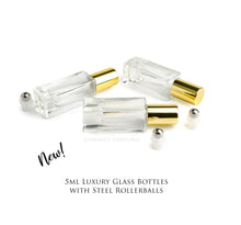 Load image into Gallery viewer, 48 LUXURY SQUARE Slim 5ml Clear Glass Roll-on, Gold Caps Roller Perfume Bottles Stainless STEEL Ball Fitment, 1/6 Oz Essential Oil,  5 ml