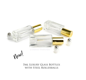 48 LUXURY SQUARE Slim 5ml Clear Glass Roll-on, Gold Caps Roller Perfume Bottles Stainless STEEL Ball Fitment, 1/6 Oz Essential Oil,  5 ml