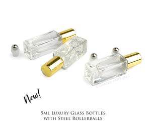 48 LUXURY SQUARE Slim 5ml Clear Glass Roll-on, Gold Caps Roller Perfume Bottles Stainless STEEL Ball Fitment, 1/6 Oz Essential Oil,  5 ml