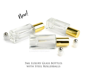 3 LUXURY SQUARE Slim 5ml Clear Glass Roll-on, Silver Caps Roller Perfume Bottles Stainless STEEL Ball, 1/6 Oz Essential Oil, 5 ml