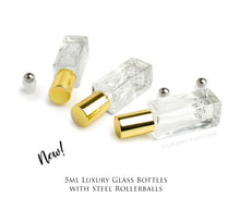Load image into Gallery viewer, 3 LUXURY SQUARE Slim 5ml Clear Glass Roll-on, Silver Caps Roller Perfume Bottles Stainless STEEL Ball, 1/6 Oz Essential Oil, 5 ml