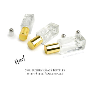 3 LUXURY SQUARE Slim 5ml Clear Glass Roll-on, Silver Caps Roller Perfume Bottles Stainless STEEL Ball, 1/6 Oz Essential Oil, 5 ml
