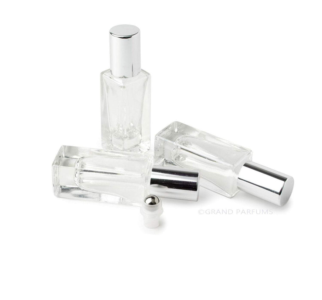 24 LUXURY SQUARE Slim 5ml Clear Glass Roll-on, Silver Caps Roller Perfume Bottles Stainless STEEL Ball, 1/6 Oz Essential Oil, 5 ml