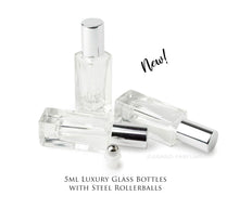 Load image into Gallery viewer, 6 LUXURY SQUARE Slim 5ml Clear Glass Roll-on, Silver Caps Roller Perfume Bottles Stainless STEEL Ball, 1/6 Oz Essential Oil, 5 ml
