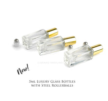 Load image into Gallery viewer, 48 DELUXE SQUARE Slim 5ml Clear Glass Roll-on, Gold Caps Roller Perfume Bottles Stainless STEEL Ball Fitment, 1/6 Oz Essential Oil,  5 ml