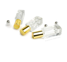Load image into Gallery viewer, 12 LUXURY SQUARE Slim 5ml Clear Glass Roll-on, Gold Caps Roller Perfume Bottles Stainless STEEL Ball Fitment, 1/6 Oz Essential Oil,  5 ml