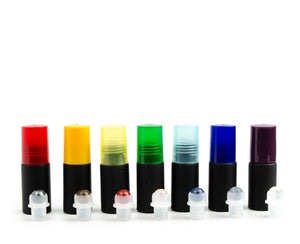 7Pcs Mini CHAKRA SET Natural GeMSTONE RollerBalls Frosted, White or Black Matte 5ml Glass Rollon Bottles Premium Chakra Color Caps EO Blends