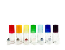 Load image into Gallery viewer, 7Pcs Mini CHAKRA SET Natural GeMSTONE RollerBalls Frosted, White or Black Matte 5ml Glass Rollon Bottles Premium Chakra Color Caps EO Blends