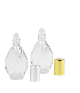 3 GEO Roller Bottles 15ml w/GEMSTONE RoLLERBALLS GEM Diamond Shape Glass Bottles Roll-on Gold/Silver Caps Roller 1/2 Oz Essential Oil